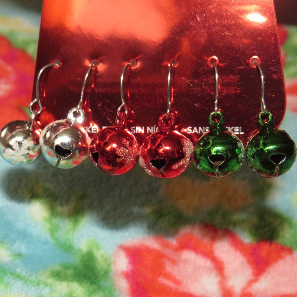 Christmas Jingle Bell Dangle Earrings 3 Pair Red Green Silver